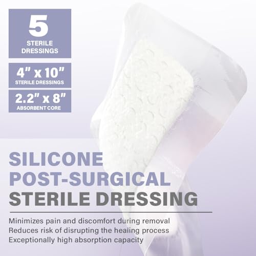 EVERLIT Post-Surgical Dressing | Sterile Waterproof Adhesive Dressing for Post-Operative Wound Care | Hypoallergenic Silicone Coated Bandage for Surgical Incision Pack of 5 (4" x 10") 4" x 10"