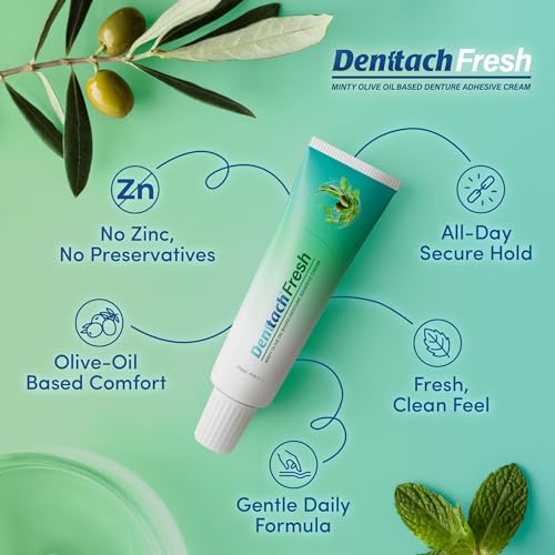 Denttach Fresh Denture Adhesive with Invigorating Mint Flavor, Petroleum Free Olive Oil Based Denture Cream for Full and Partial Dentures, All Day Hold Denture Glue, Zinc Free, 2.4 Ounce 1