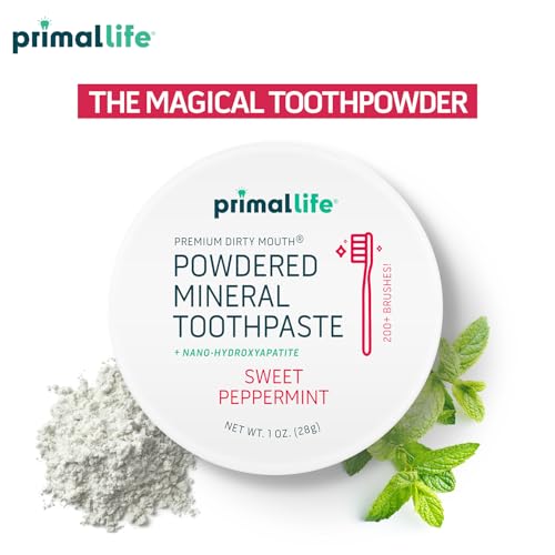 Primal Life Organics - Dirty Mouth Toothpowder, Tooth Cleaning Powder, Flavored Essential Oils with Natural Kaolin & Bentonite Clay, Good for 200+ Brushings, Organic, Vegan (Sweet Peppermint, 1 oz) Sweet Peppermint 1 Ounce (Pack of 1)