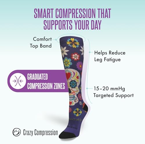 Crazy Compression Over-the-Calf Socks with Fun Designs Large-X-Large Calavera Purple (Wide)