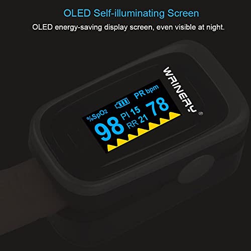 WRINERY Oxygen Saturation Monitor, Pulse Oximeter Fingertip, Oxygen Monitor, O2 Saturation Monitor, OLED Portable Oximetry with Batteries, Lanyard (Royal Black-Silver)