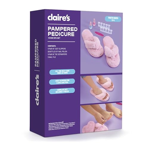 Claire's Kids Pedicure Kit, 7-Piece Home Spa Set with Fuzzy Slippers, Nail Polish, Toe Separators & Nail File, Kids Pedicure Tools for Feet, Girl Toys & Beauty Activity, Gift for Girls Age 8+