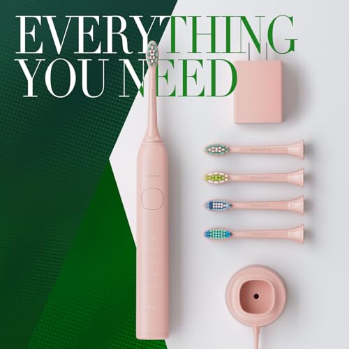 Brushmo Super Sonic Electric Toothbrush with 4 Replacement Heads - Rechargeable Electronic Tooth Brush for Adults with 5 Customizable Modes - IPX7 Waterproof & Long-Lasting Battery – Nova Pink 4 Count (Pack of 1)