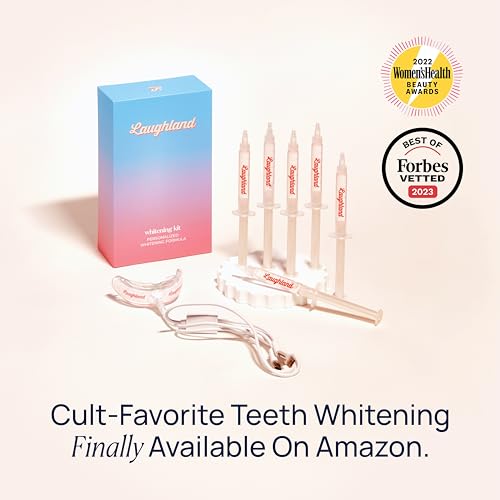 Laughland Everyday Teeth Whitening Kit + 3 Extra Gel Refills (12 Total Treatments), Phone-Powered LED Mouthpiece, 8% Hydrogen Peroxide Formula, Aloe Vera & Mint, Gentle at-Home Whitening Bundle