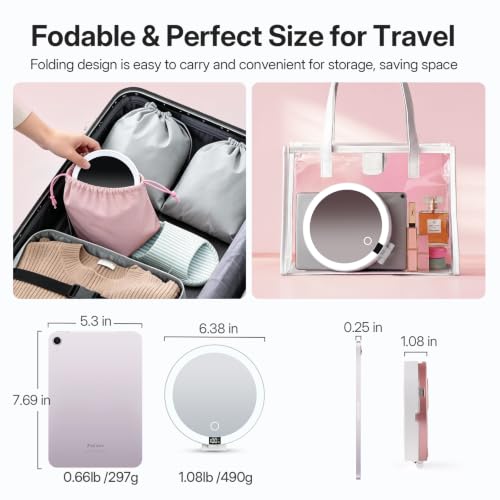 LitBear Travel Makeup Mirror with Lights, 10X/1X Foldable Magnifying Mirror Rose Gold