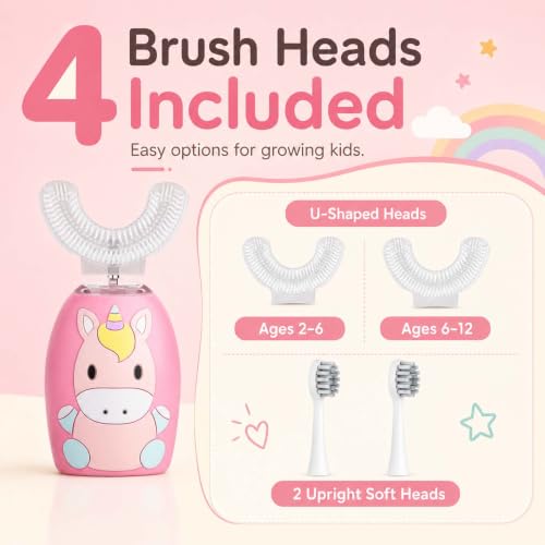 U Shaped Toothbrush for Kids, Automatic Electric Toothbrush with 4 Brush Heads, 360° Full Mouth Cleaning Toothbrush for Children, 2 Modes Rechargeable Kids Toothbrush with Cartoon Design Pink