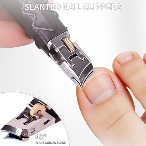 Toenail Clippers for Thick Toenails & Ingrown Nails, Wide Jaw Heavy Duty Nail Clippers with Long Handle for Seniors & Men, Complete 4-Piece Set with Slanted Clippers, Curved Ingrown Nail Nipper & File