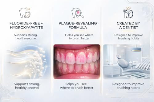 Plaque Revealing Toothpaste – Disclosing Formula Helps You See Plaque for Better Cleaning – Fluoride Free – Enamel Strengthening – Kids, Braces & Family Use – 4 oz