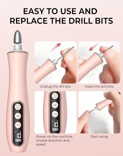 Cordless Nail Drill Electric Nail File, 10-in-1 Manicure Pedicure Kit Nail Grinder Set, 14000 RPM Rechargeable Acrylic Nail Tool, 10 Speeds LED Light LCD Display for Human, Toenails, Home(Pink) Pink