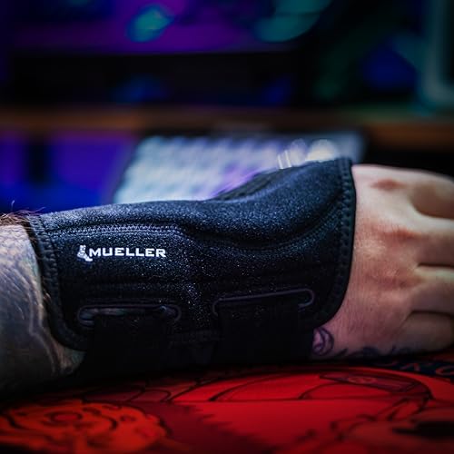 MUELLER Esports Medicine Fitted Wrist Brace for Men and Women, Wrist Pain Relief Support, 6 KTape Strips Included, Ideal for Gamer's, Carpal Tunnel, Tendonitis, Arthritis, Left Hand, Black, One Size Esports Left-Hand Fitted Wrist Brace