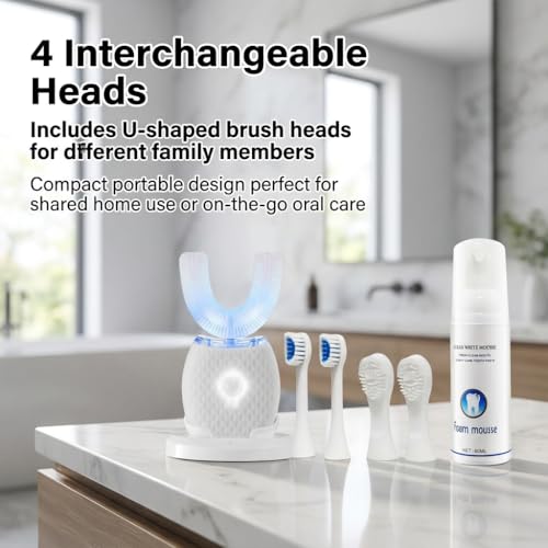 All-in-One U-Shaped Toothbrush for Adults, Ultrasonic Clean & Blue LED Light, Rechargeable with Charging Base (White)
