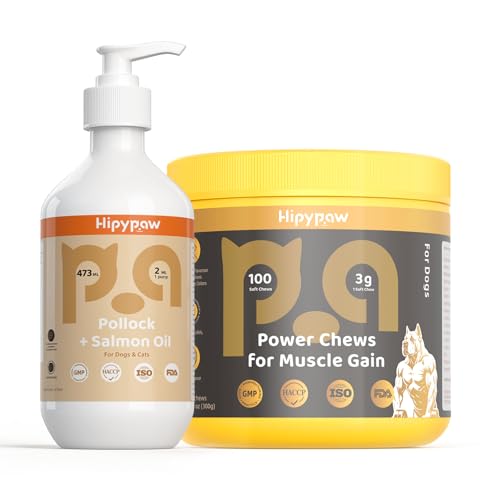 Muscle Gain & Omega 3 Fish Oil Bundle for Dogs - Muscle Strength, Joint Support, Skin & Coat Health Supplement with BCAAs, Glucosamine & 19% Omega-3 - for All Breeds & Ages (16OZ Liquid + Chewable Tab