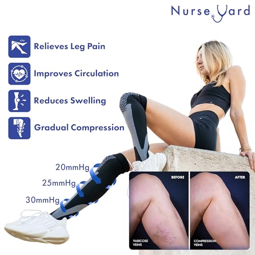 Nurse Yard Compression Socks for Women and Men | 20-30mmHg Graduated Medical Compression Socks for Nurses | Travel and Flying | Athletic Support for Running, Best Compression Socks | 1 Pair Black Large-X-Large