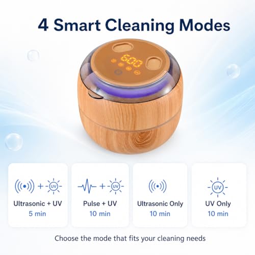 Voraiya Dental Ultrasonic Retainer Cleaner Machine, 45kHz Denture Cleaning Pod with 4 Modes Digital Timer for Aligner, Toothbrush, Mouth Night Guard, Braces, Jewelry, Ring (Dark Brown) Light Brown