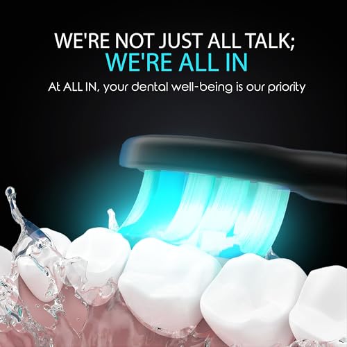 ALL IN Sonic Electric Toothbrush for Adults and Replacement Heads - Complete Toothbrush Kit - Blue + Red LED Light, 4 Modes, Soft Bristles, 2-Minute Timer, Rechargeable, Waterproof, BPA Free