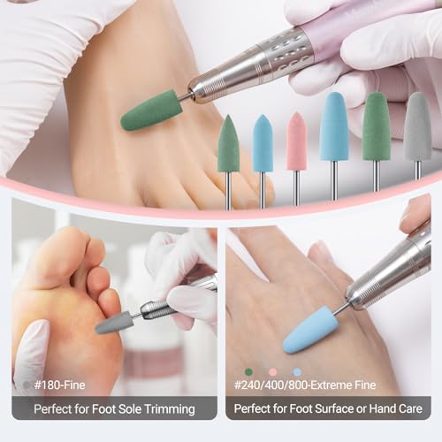 MelodySusie 6Pcs Polish Pedicure Nail Drill Bits with 16 Holes Bits Holder Set, Silicone Rubber Drill Bit for Pedicure Manicure Gel Grinding and Polishing, Pink Polish Bits with Pink Holder