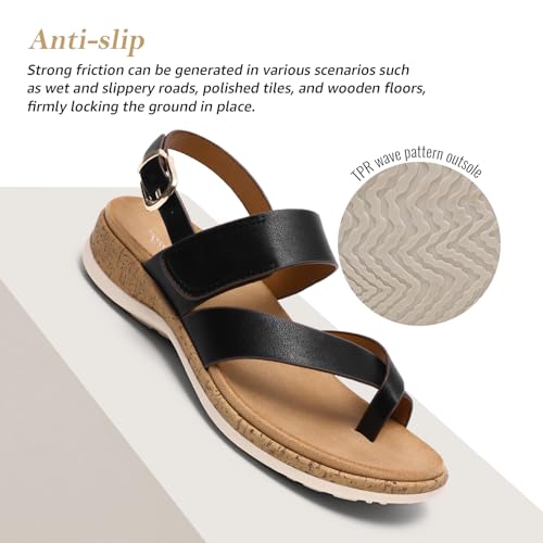 Littleplum Women's Orthopedic Arch Support Sandals Comfortable Thong Flip Flops Adjustable Ankle Strap Open Toe Walking Flat Sandals 8.5 Classic Black