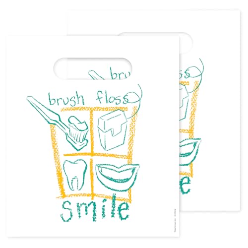 Practicon Brush Floss Smile 7-3/4" x 9" Dental Bag, Dental Hygiene Patient Care Goodie Bag, Dentist Office Plastic Gift Bags, 100 Pack 7-3/4" x 9"