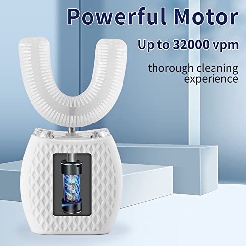Ultrasonic Adult Electric Toothbrush，Sonic Toothbrush 360° Oral Cleaning Wireless Charging & LED Light|IPX7 Waterproof U-Shaped Brush Head Protects Gums White