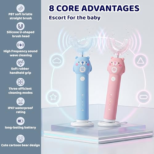 Kids Electric Toothbrush, with 4 Cleaning Modes, with 4 Brush Heads, Toddler U Shaped Toothbrush with 2 Soft Brush Head，Cartoon Bear 360-Degree Cleaning IPX7 Waterproof Design (Ages 2-16) Blue