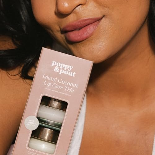 Poppy & Pout Lip Care Trio, Island Coconut Lip Scrub & Natural Lip Mask Set for Dry Lips, Moisturizing Sugar Scrub Exfoliator, Overnight Lip Treatment, Recyclable Glass Jars, Cruelty Free