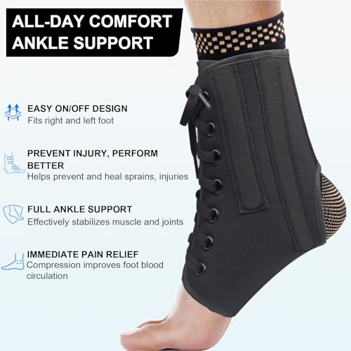 AIDY-PRO Lace Up Ankle Brace with Metal Side Stabilizers, Adjustable Lace-Up Ankle Braces for Men and Women Sprained Foot Support Brace for Posterior Tibial Tendonitis Achilles Tendon Injury L Large