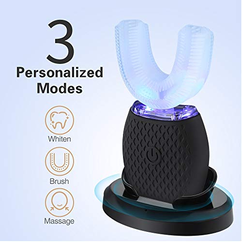 Ultrasonic Automatic Toothbrush, Ultrasonic U-Shaped Toothbrushes for Adult, 360° Mouth Cleaning, Electric ToothBrush with Automatic Timer, Wireless Charging Teethbrush Kit for Travel Or Home (Black) Black