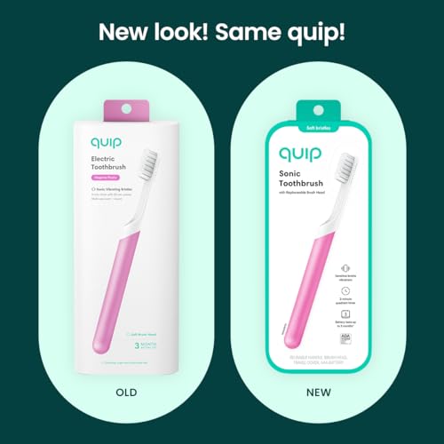 Quip Sonic Toothbrush for Adults - Timed Electric Toothbrush with Cover - Replaceable Brush Head, Soft Bristles, Plastic Handle, 3 Month Battery Life - Travel Toothbrush - Magenta