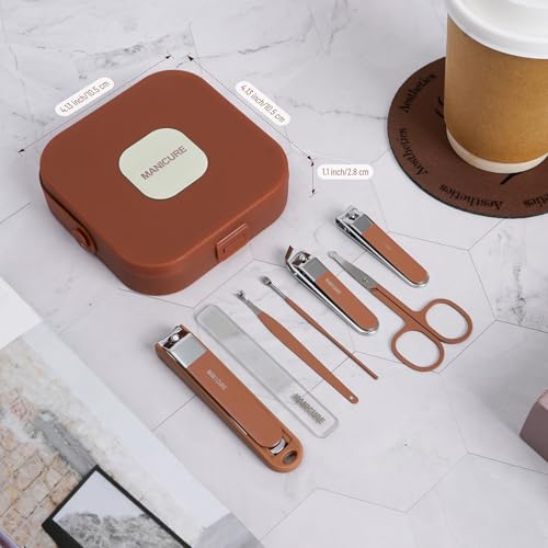Nail Clippers Set for Men and Women 7 Pieces Stainless Steel Grooming Kits, Fingernail and Toenail Clipper Cutters with Luxurious Travel Case Nail Care Tools Manicure Pedicure Kit, Brown