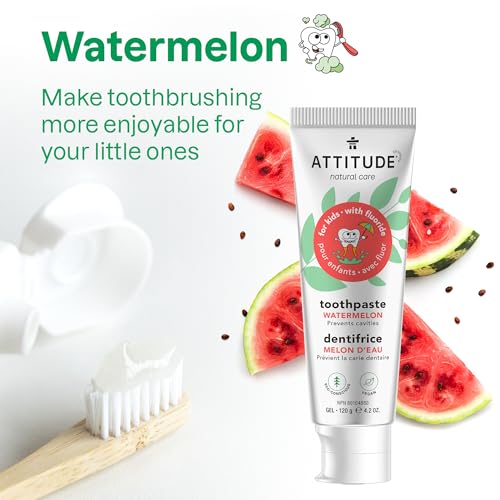 Bundle of ATTITUDE 3 Toothpastes with Fluoride for Kids, Prevents Tooth Decay and Cavities, Vegan, 4.02 Oz Blueberry + Watermelon + Mango