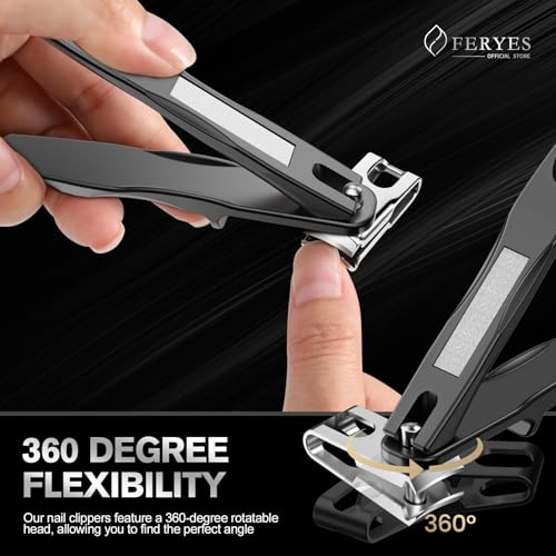 FERYES 5PCS Toenail Clippers Long Handle Clipper for Thick Nails, Straight Blade Clipper for Ingrown Nails, 360° Rotating Jaw Nail Clipper, Cuticle Fork, and Nail File