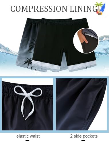 westwolf Men's Swim Trunks with Compression Liner 9" Quick Dry Board Shorts C Black White XX-Large