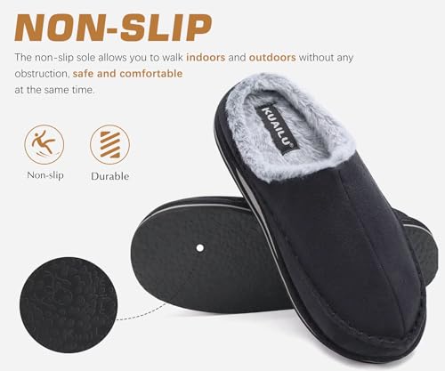 KuaiLu Mens Slippers Orthopedic Arch Support Suede Fluff Plush Home Shoes 12 Black