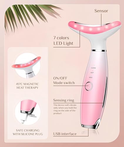 Dopsikn 7 Color Galvanic Machines - Red Light Therapy for Face and Neck, Face Massager Tool for Wrinkles, Double Chin, Vibrating Facial Massager with Thermals, Pink