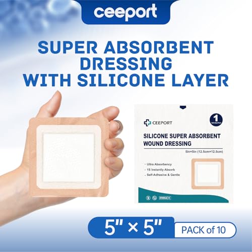 Ceeport Silicone Super Absorbent Wound Dressing 5" x 5", 10 Individual Pack 5" x 5"
