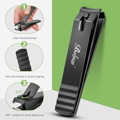 BALUCA Curved Toenail Clipper for Thick Nails, Heavy Duty Stainless Steel Toe Nail Clippers for Seniors, Men & Women, Stainless Steel Nail Cutter for Accurate Trimming and Grooming (All Black) All Black