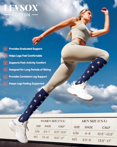 LEVSOX Cotton Compression Socks for Women Men 20-30 mmHg Knee High Cute Support Sock for Nurses Flying Pregnancy Small-Medium 4 Pairs-Floral