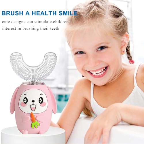 SNOWROSE Kids Electric Toothbrush U-Shaped, IPX7 Waterproof Design with 4 Brush Head 3 Modes, Sonic Automatic 360 Degree Full Mouth Cleaning Children Toothbrush for Ages 2-12 (Pink) Pink