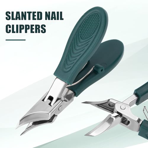 3pcs Ingrown Toenail Clippers Set, Professional Slanted Beveled Eagle Beak Curved Nail Clippers with File & Tear Tool for Thick Nails & Seniors (Green) Green, Silver