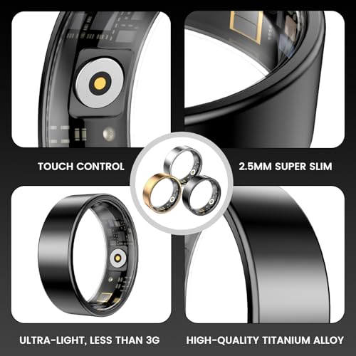 Smart Ring, Health Fitness Tracker with Heart Rate Blood Oxygen Monitor, Sleep & All-Day Sports Tracking, Long Battery Life Waterproof Wearable Ring for Men Women (Black, 7)