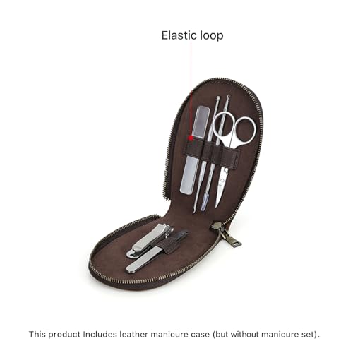 Hiram Handmade Leather Manicure Set Case 6 Slot Nail Tool Organizer Pouch with Elastic Bands & Loops Oil Nubuck Cowhide Travel Case for Grooming Kits Soft Leather Zip Closure 6 slots