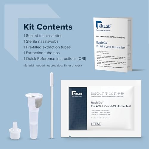 Kitlab™ RapidGo™ Flu A/B & COVID 19 Home Test, Results in 15 Minutes, OTC Covid 19 & Flu Home Test, with Non-invasive Nasal Swab, Easy to Use & No Discomfort (4Tests)