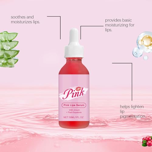 Pink Lip Serum for Dry and Dark Lips, Lip Lightener for Smokers and Non-Smokers, Conditioning LipSerum Moisturizer Help Fade Lips Discoloration with Alpha Arbutin & Aloe Vera 2PCS