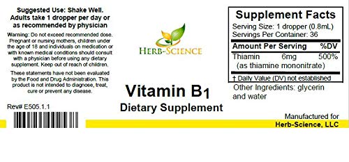 Vitamin B1 Liquid Drops, Thiamine, Alcohol-Free, 1 Oz | Made with Only 3 Premium Ingredients, 500% Daily Value per Serving and 36 Servings in an Easy-to-Take Vegan Liquid Formula 1 Fl Oz (Pack of 1)