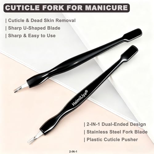 6Pcs 2-in-1 Cuticle Fork with Pusher, Dual-end Cuticle Remover Nail Pusher Cuticle Trimmer, Gentle Plastic Nail Cuticle Care Tool, At-Home Mani Essential, Black