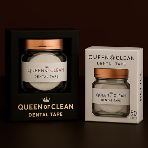 Queen of Clean Dispenser: Includes 2 x 54 Yard Roll of White Dental Floss Tape – Easy, Comfortable, Fun & Effective Flossing, PFAS-Free, Vegan-Friendly, Fresh Mint Flavour. Seriously Good Floss