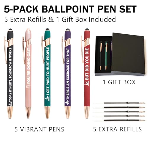 Physical Therapist Gifts, Physical Therapy Gifts, 5 Pack 2-in-1 Stylus Metal Ballpoint Pen, 1.0mm Black Ink (5 Extra Refills)