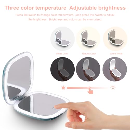 Mocado Compact Mirror with Light-4 Inches Compact 1x/10x Magnifying Mirror Green Marble