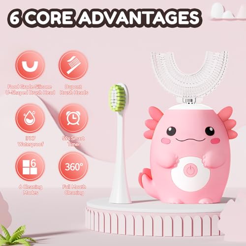 Kids Axolotl U Shaped Electric Sonic Toothbrush with Toothpaste Pink Axolotl