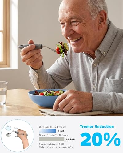 4-Piece Adaptive Utensils Set with Rocker Knife & Shovel Spoon - 42° Angled Parkinsons Utensils, 2.5 oz Weighted Silverware for Hand Tremors and Arthritis, Adaptive Eating Utensils (Grey Right-handed) Light (Weighted) – 2.5 Ounce